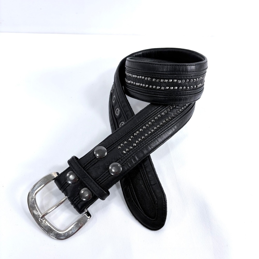 Wild Card Leather Belt Black Studded Silver Buckle Wide Biker Punk 40 Inch Glam